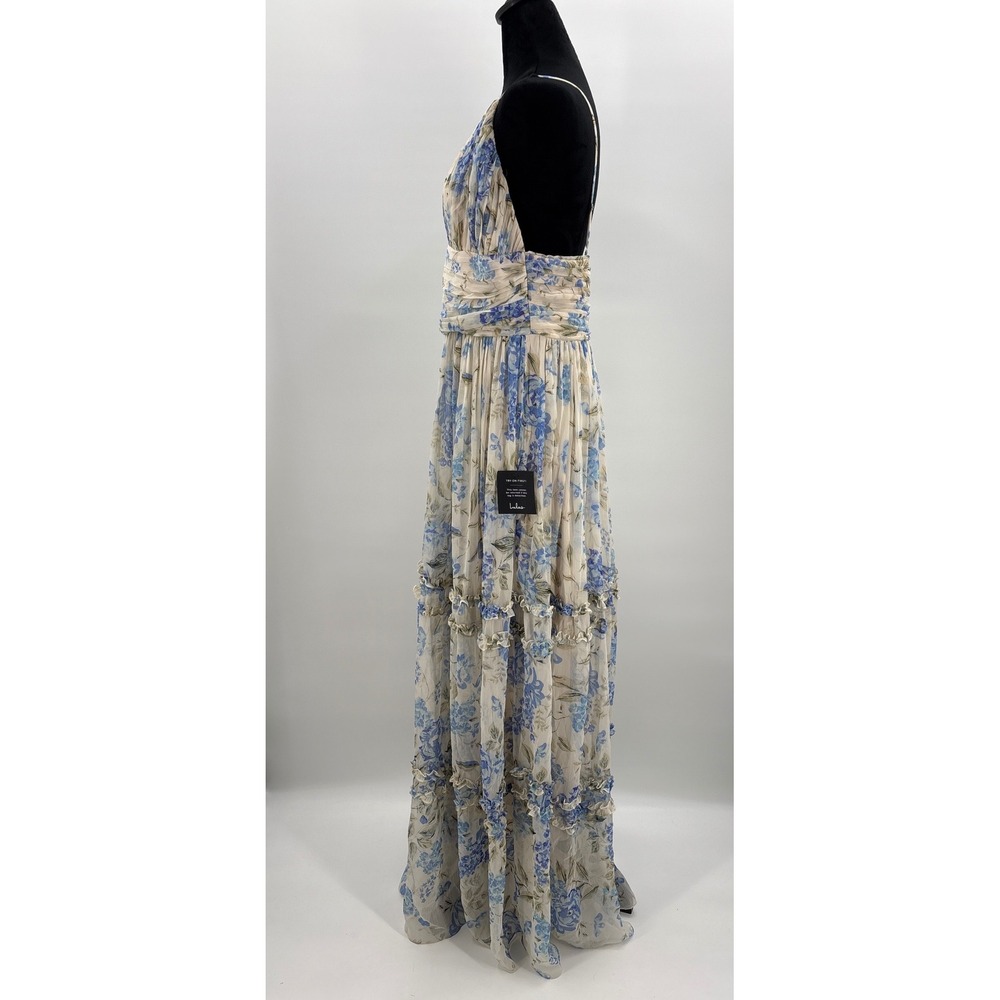 Lulus Niora Beige and Blue Floral Pleated Tiered Maxi Dress XL NEW - Picture 8 of 12